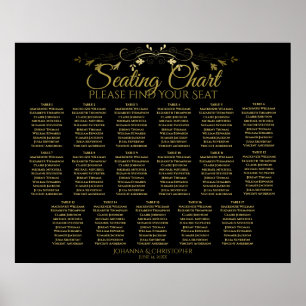 Elegant Gold Black 17 Table Wedding Seating Chart