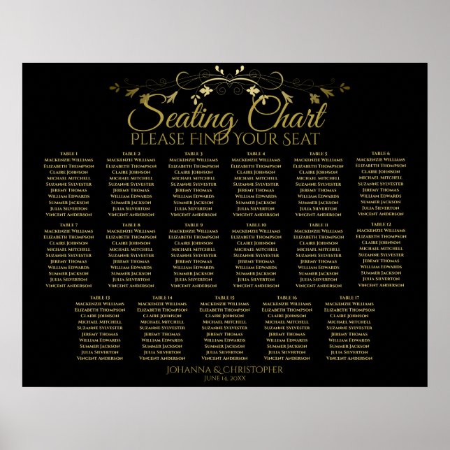 Elegant Gold Black 17 Table Wedding Seating Chart (Front)