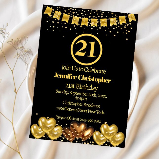 Elegant Gold & Black 21st Birthday Invitations  (Creator Uploaded)