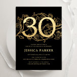 Elegant Gold Black 30th Birthday Invitation<br><div class="desc">Elegant gold black 30th birthday party invitation. Customisable modern feminine design featuring roses botanical accents and faux glitter gold. Simple floral invite card perfect for a stylish female bday celebration. Personalise with your own details. Printed Zazzle invitations or instant download digital printable template.</div>