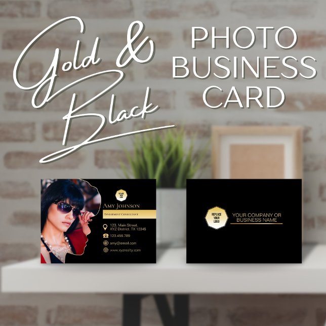 Elegant Gold & Black, Add Own Photo & Custom Logo  Business Card (gold and black add your own photo business card)