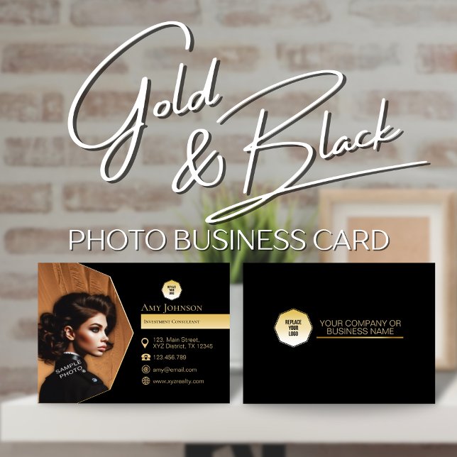 Elegant Gold & Black, Add Own Photo & Custom Logo  Business Card (Creator Uploaded)