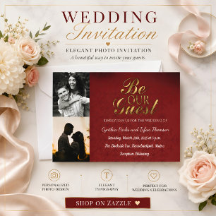 Elegant Gold Black and Red Custom 2 Photos Wedding Invitation