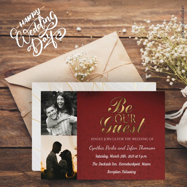 Elegant Gold Black and Red Custom 2 Photos Wedding Invitation (Creator Uploaded)
