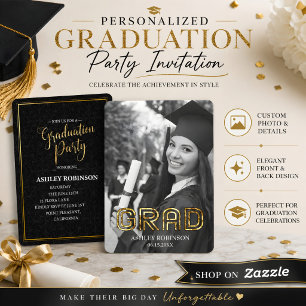 Elegant Gold Black and White Graduate Photo Party Invitation
