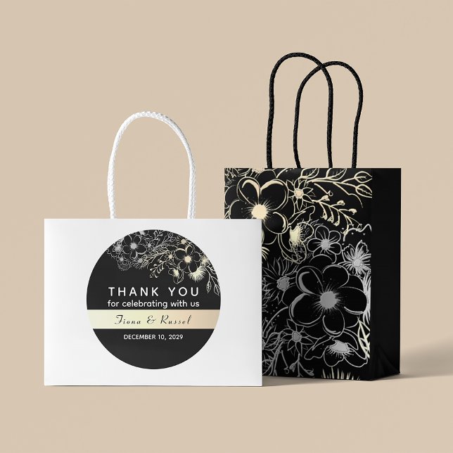 Elegant Gold Black and White Wedding Thank You Classic Round Sticker (Creator Uploaded)