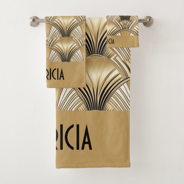 Elegant gold black art deco name bath towel set (Insitu)