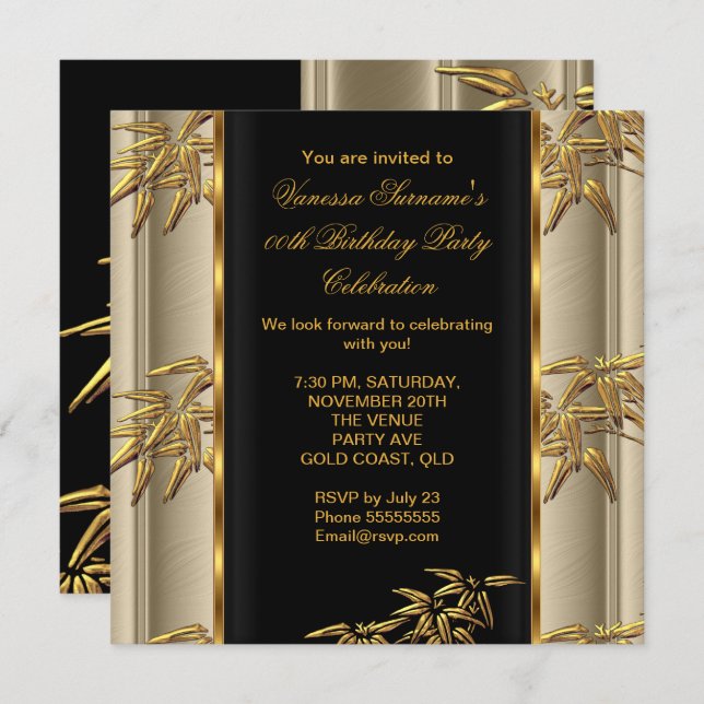 Elegant Gold Black Asian Bamboo Caramel Beige Invitation (Front/Back)