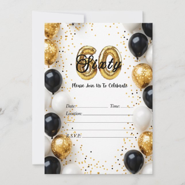 Elegant Gold & Black Balloon 60th Birthday Invitat Invitation (Front)