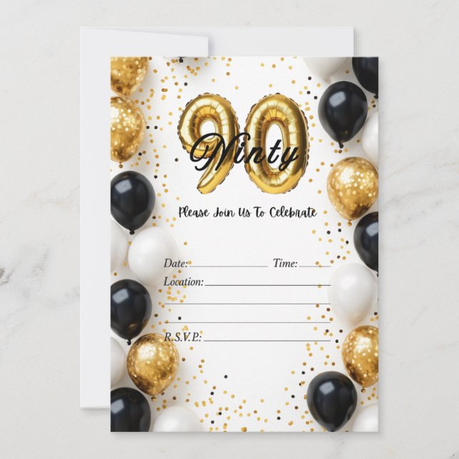 Elegant Gold & Black Balloon 90th Birthday Invitat Invitation (Front)