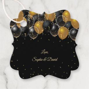 Elegant Gold Black Balloons Confetti Wedding Favour Tags