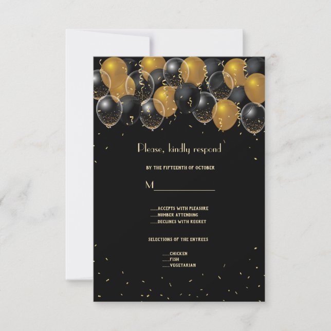 Elegant Gold Black Balloons Confetti Wedding RSVP Card (Front)