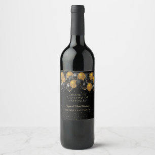 Elegant Gold Black Balloons Confetti Wedding Wine Label