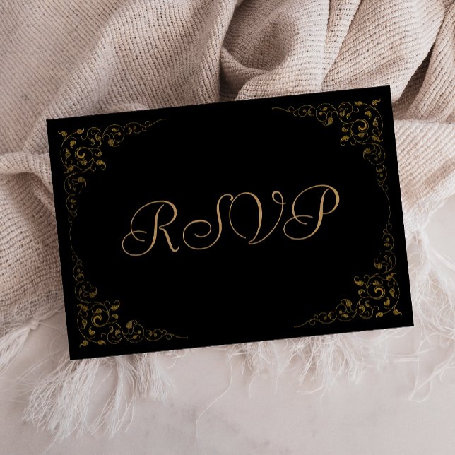 Elegant Gold Black Botanical Frame Wedding RSVP (Creator Uploaded)