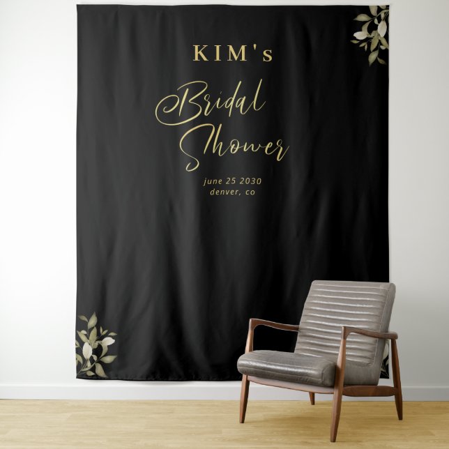 Elegant gold black bridal shower photo backdrop tapestry (In Situ)