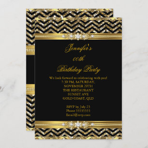 Elegant Gold Black Chevron Diamond Birthday 2 Invitation