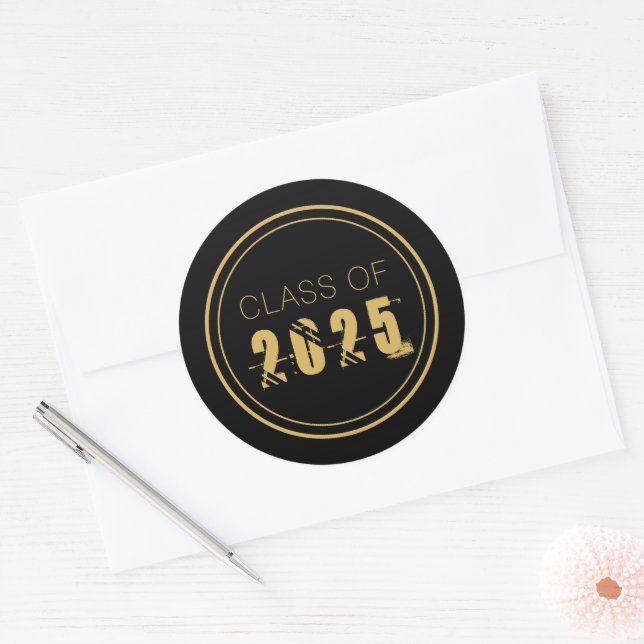 Elegant Gold Black Class of 2025 Graduation  Classic Round Sticker (Envelope)