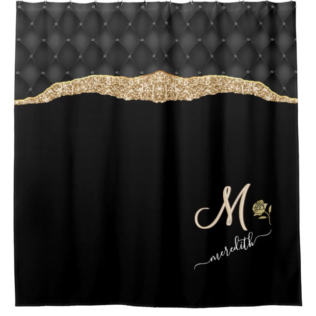 Elegant Gold Black  Custom Monogram Name Rose  Shower Curtain (Front)