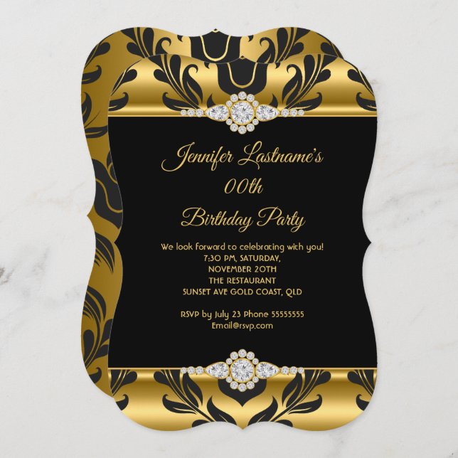 Elegant Gold Black Damask Diamond Birthday Party Invitation (Front/Back)