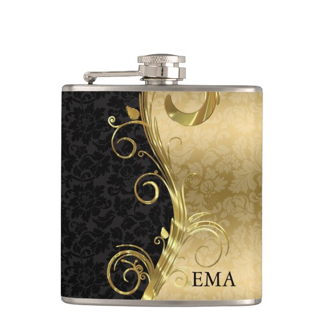 Elegant Gold Black Damask Hip Flask (Front)