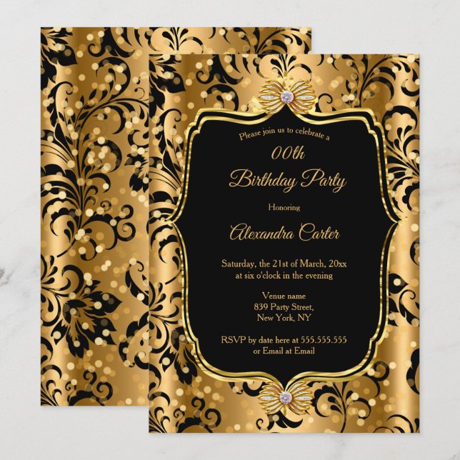 Elegant Gold Black Damask Jewel Bow Birthday Invitation (Front/Back)