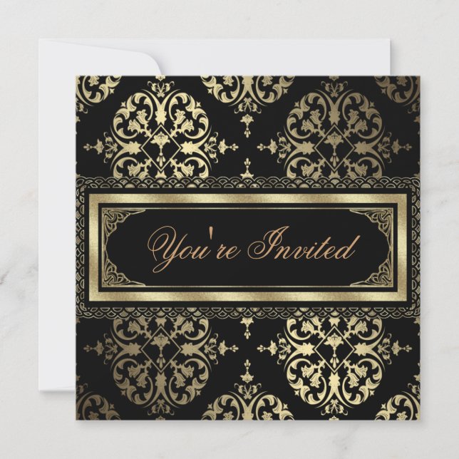 Elegant Gold Black Damask Party Invitations (Front)