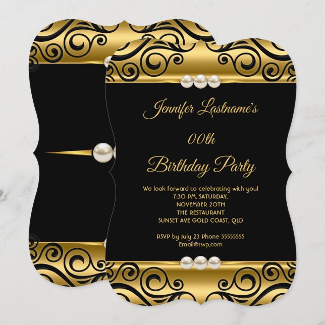 Elegant Gold Black Damask Pearl Birthday Party Invitation (Front/Back)