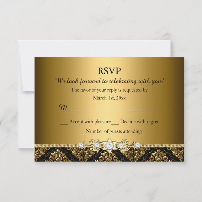 Elegant Gold & Black Damask RSVP Card (Front)