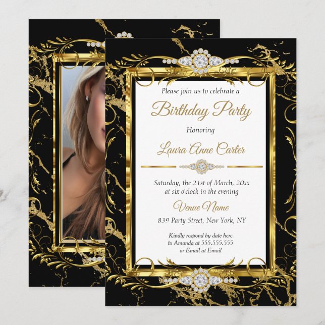 Elegant Gold Black Diamond Photo Birthday Party Invitation (Front/Back)