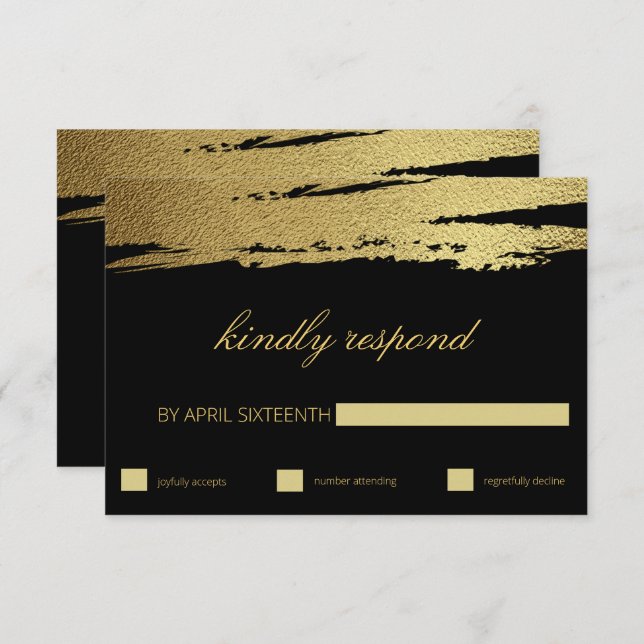 Elegant Gold & Black Faux Foil Brush Stroke RSVP (Front/Back)