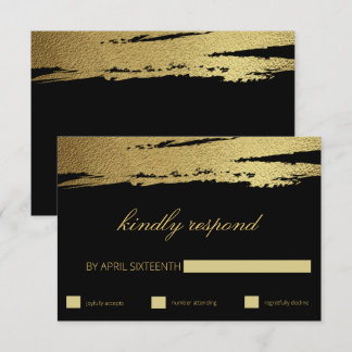 Elegant Gold & Black Faux Foil Brush Stroke RSVP