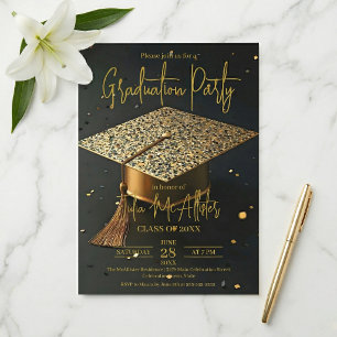 Elegant Gold Black Faux Glitter Cap Graduation Invitation