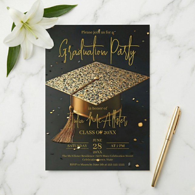 Elegant Gold Black Faux Glitter Cap Graduation Invitation (Creator Uploaded)
