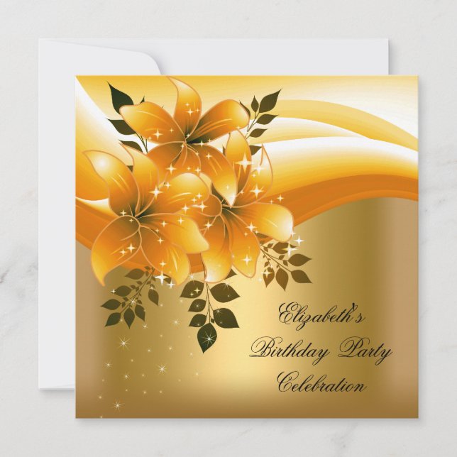 Elegant Gold Black Floral Birthday Party Invitation (Front)