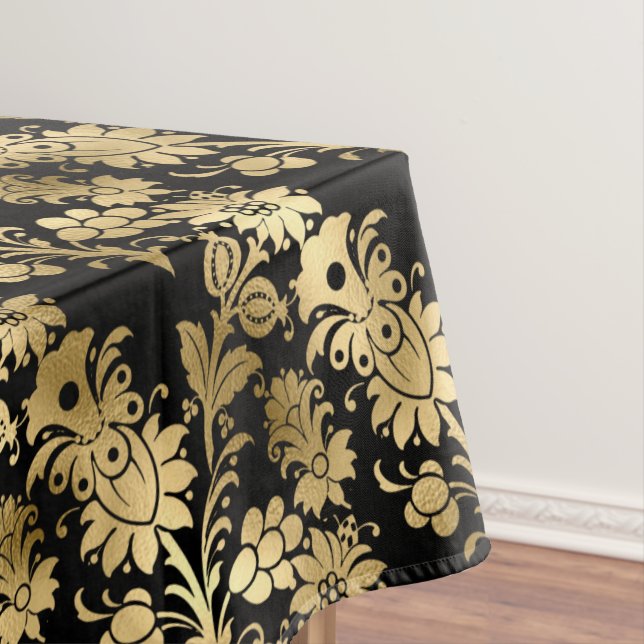 Elegant Gold Black Floral Glam Tablecloth (In Situ)