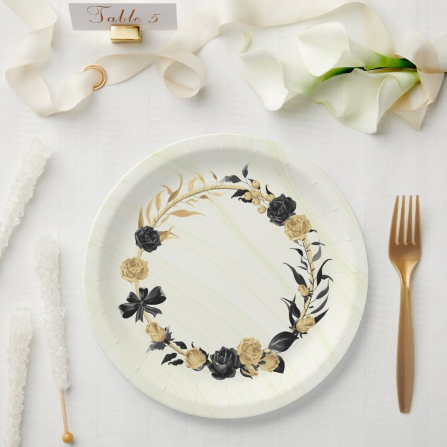 elegant gold & black floral paper plate (Wedding)