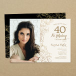 Elegant Gold Black Floral Photo 40th Birthday Invitation<br><div class="desc">Gold black floral 40th birthday party invitation with your photo on the front of the card. Minimalist modern design featuring botanical outline drawings accents, faux gold foil and typography script font. Simple trendy invite card perfect for a stylish female bday celebration. Can be customised to any age. Printed Zazzle invitations...</div>