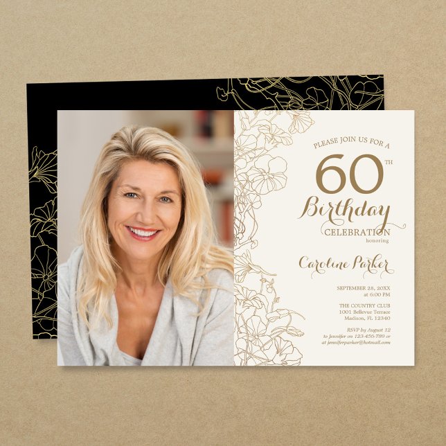 Elegant Gold Black Floral Photo 60th Birthday Invitation (Creator Uploaded)