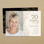 Elegant Gold Black Floral Photo 70th Birthday Invitation<br><div class="desc">Gold black floral 70th birthday party invitation with your photo on the front of the card. Minimalist modern design featuring botanical outline drawings accents, faux gold foil and typography script font. Simple trendy invite card perfect for a stylish female bday celebration. Can be customised to any age. Printed Zazzle invitations...</div>