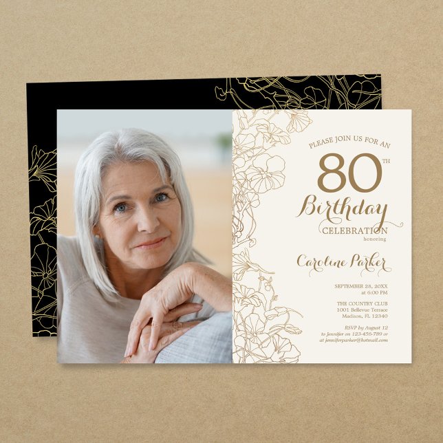 Elegant Gold Black Floral Photo 80th Birthday Invitation (Creator Uploaded)