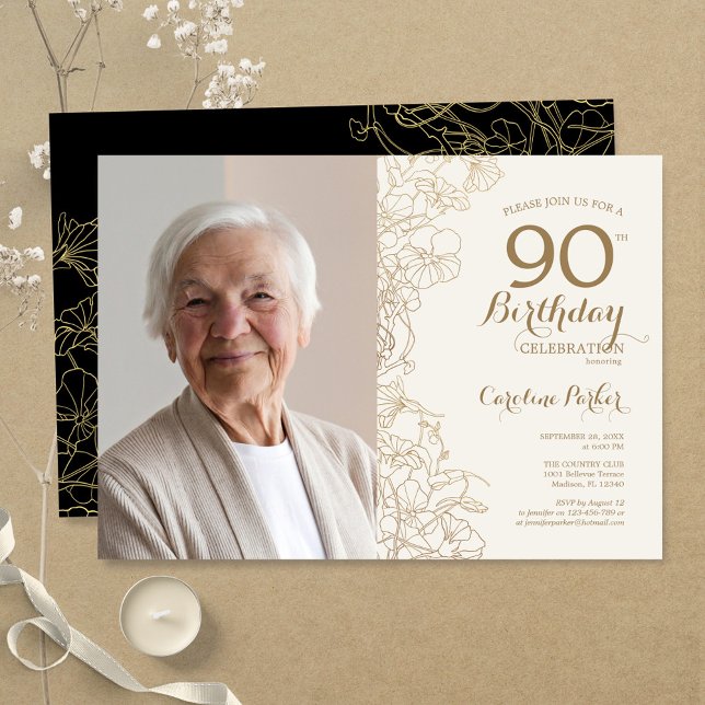 Elegant Gold Black Floral Photo 90th Birthday Invitation (Creator Uploaded)