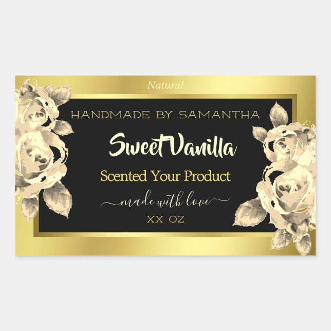 Elegant Gold Black Floral Product Packaging Labels (Front)
