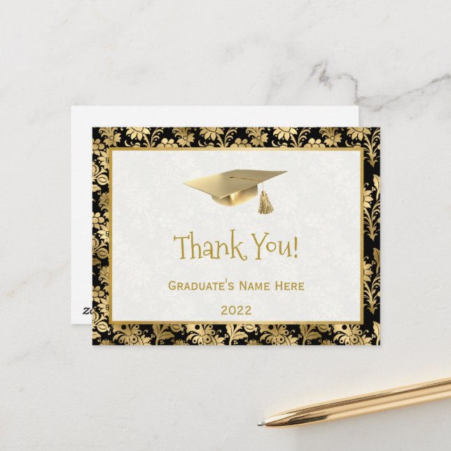 Elegant Gold Black Floral Thank You Graduation Postcard (Front/Back In Situ)