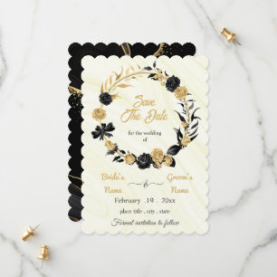 elegant gold & black floral wreath save the date