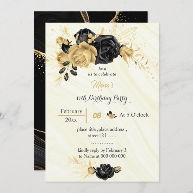 Elegant gold & black flowers birthday  invitation (Front/Back)