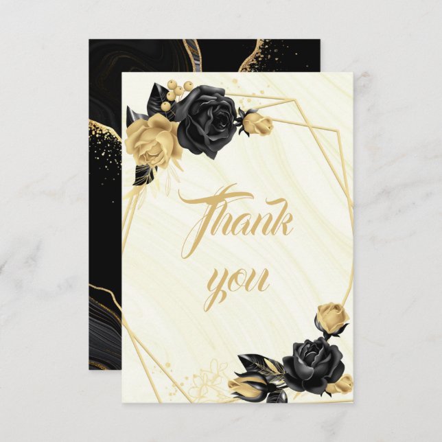 elegant gold & black flowers botanical thank you card (Front/Back)