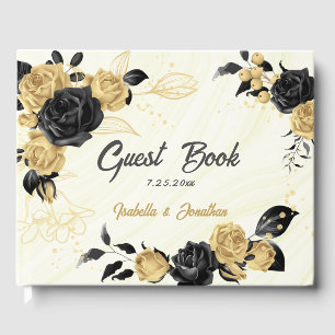 elegant gold & black flowers marble guest book