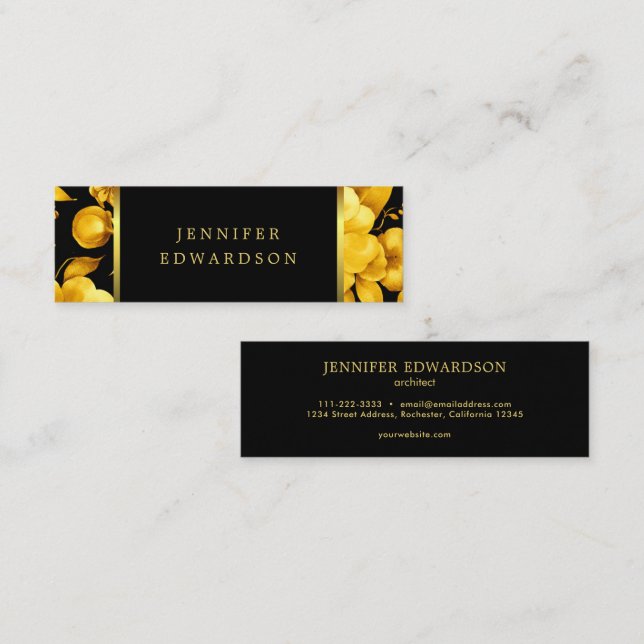 Elegant gold black flowers professional Business Mini Business Card (Front/Back)