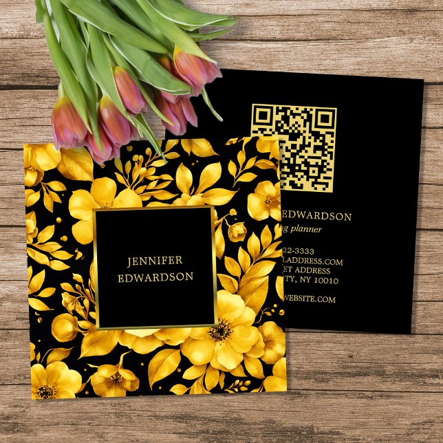 Elegant gold black flowers QR code professional Square Business Card (Elegant gold black flowers QR code professional Square Business Card.)