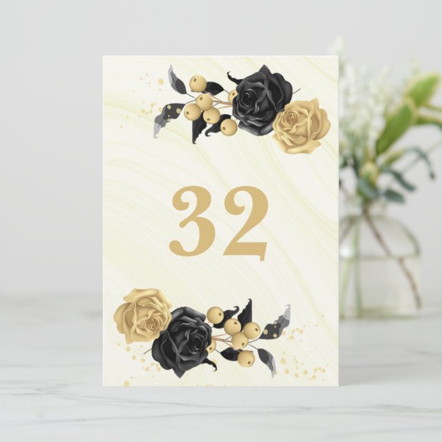 Elegant gold & black flowers  table number (Standing Front)